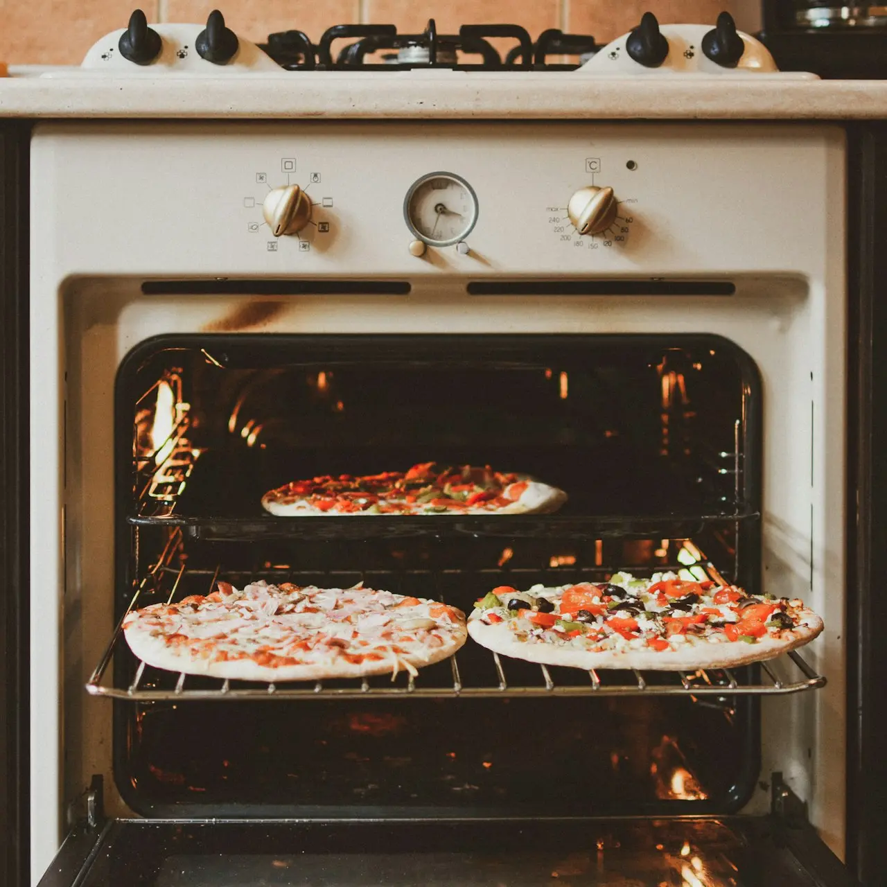 baked pizza in oven